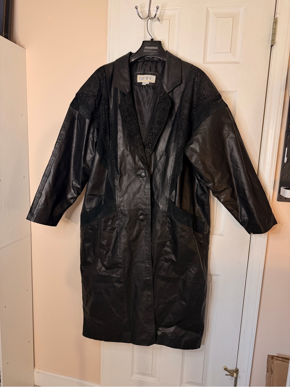 Black Leather Longline Women's Coat with Embossed Paneling